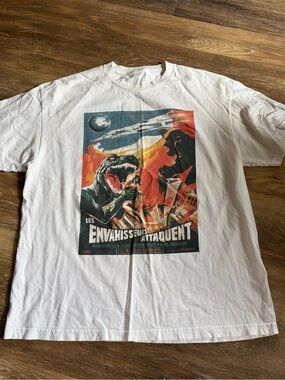 Brandy Melville White Graphic Short Sleeve Tee with Red and Blue Poster Print